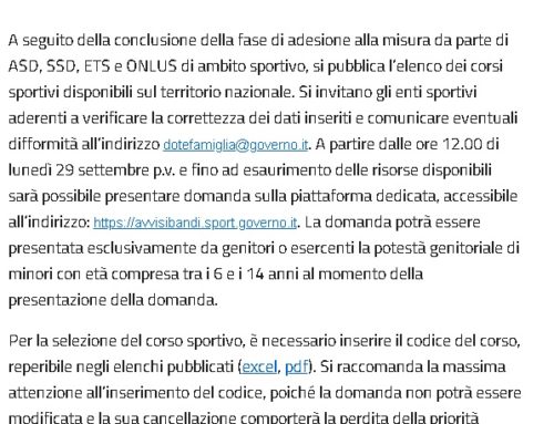 Fondo Dote Famiglia 2025: pubblicati gli elenchi dei corsi sportivi e apertura fase per la presentazione delle domande